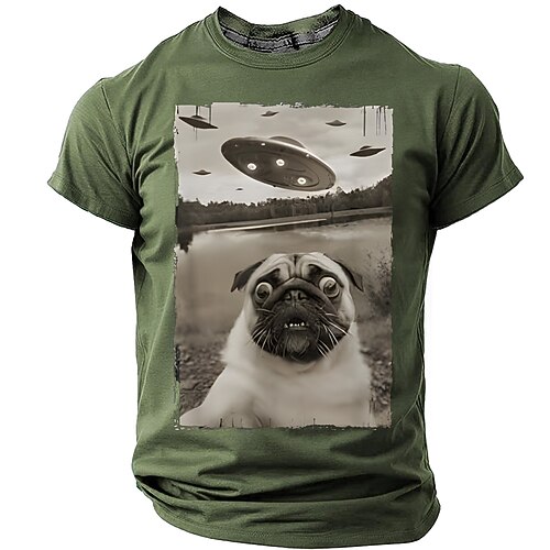 Lustiges Mops-UFO-Raumschiff-Vintage-T-Shirt für Herren, olivgrün, Kurzarm, humorvolles Sci-Fi-Oberteil, Größen S, M, L, XL, XXL, XXXL Image