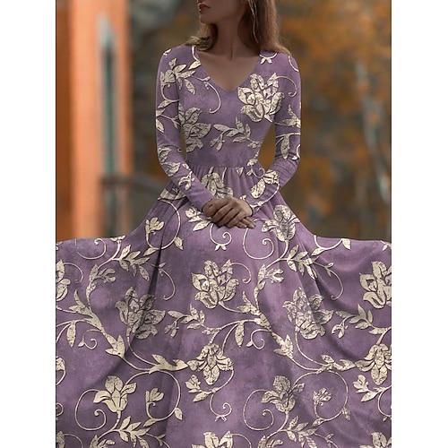 Damen Maxikleid Faltenkleid Party Lässig Boho Täglich Date Ausgehen Normale Passform Blumen Grafik Blatt Langarm V Ausschnitt Blau Violett Dunkelblau Sommer Frühling Herbst Image