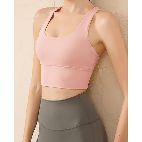 Damen Einfarbig Sport Top Sport-BH Ärmellos Racerback Stoßdämpfung Atmungsaktiv Laufen Fitness Yoga Rundausschnitt Tank-Rückseite Oberteil Schwarz Gelb Rosa Tennisbekleidung Image