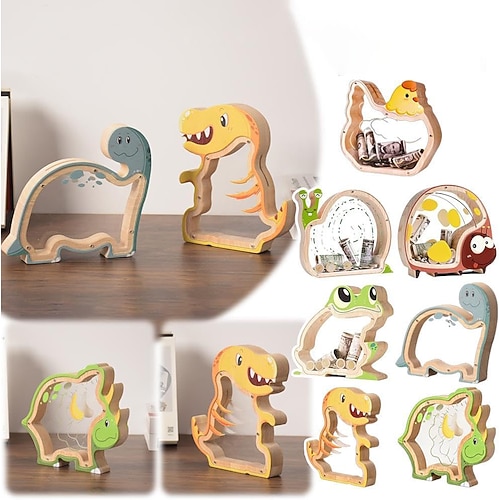 Holz-Dinosaurier-Spardose für Jungen, durchsichtige Spardose mit Acrylfenster, kreatives Sparschwein, Geschenk-Spardose, Kleinkind-Geschenk zum Neujahr, Geburtstag oder zur Taufe für Jungen und Image