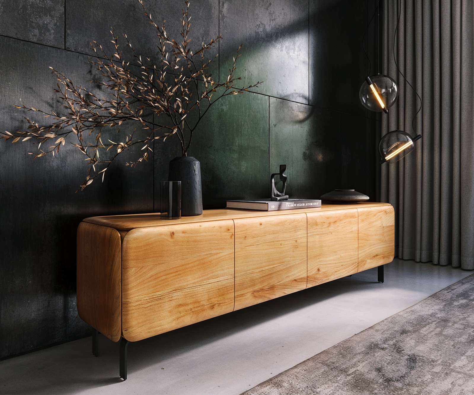 DELIFE Lowboard Shavani 200 cm Akazie Natur 4 Türen L-Fuß Metall Schwarz, Lowboards Image