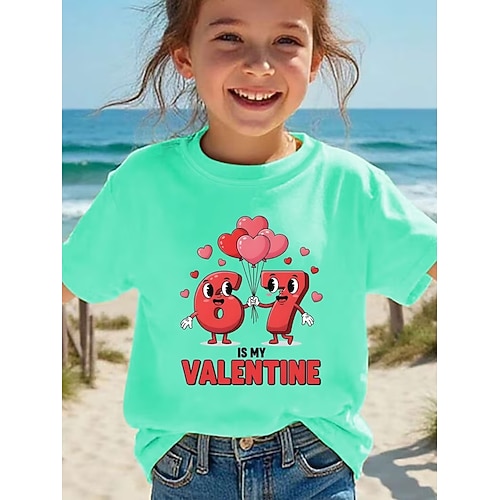 Valentinstag Mädchen 3D Grafik Lustiger Slang 67 T-Shirt Kurzarm 3D-Druck Sommer Frühling Sport Mode Streetwear Kinder 4-12 Jahre Rundhalsausschnitt Lässig Täglich Outdoor Normale Passform Image