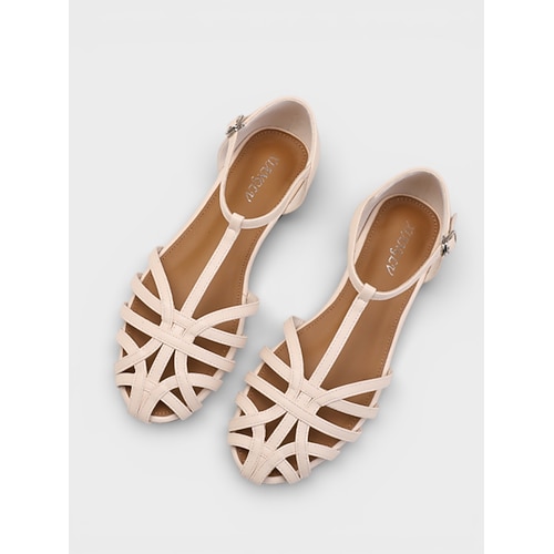 Goldfarbene Metallic-Sandalen mit Käfigdesign für Damen – elegante, flache Riemchensandalen für Abende im Resort, bequeme T-Riemen-Sandalen für den Sommer, ideal für Abendessen im Urlaub. Image
