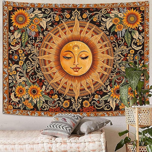 Sonnen-Wandteppich, himmlisch, Boho-Stil, Schmetterlinge, Sterne, Blumen, Yoga-Raum, Meditationsdeko, spirituelle Zen-Kunst, Stoffposter für das Wohnzimmer Image