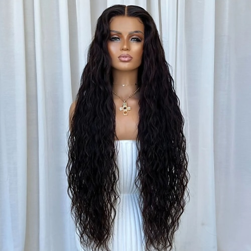 Remy Echthaar 5x5 Verschluss 13x4 Spitzenfront Perücke Mittelscheitel Brasilianisches Haar Lockig Wasserwelle Natürlich Perücke 150% 180% Haardichte mit Babyhaaren Glatt Natürlicher Haaransatz 100 Image