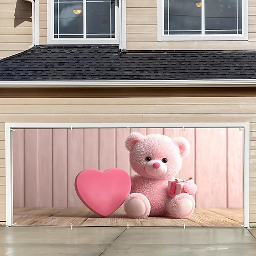 7×16 Fuß großes Garagentorbanner – romantischer rosa Teddybär mit herzförmigem Geschenk und Luftballons, Valentinstag, Garagentorabdeckung, Hochzeitsfeier, Hausfassadendekoration, saisonale Außendekoration Image