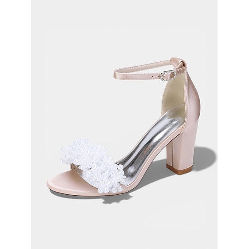 Elfenbeinfarbene, perlenbesetzte Sandalen mit Blockabsatz für Damen, elegante Brautschuhe mit Knöchelriemen für Gartenhochzeiten im Freien Image