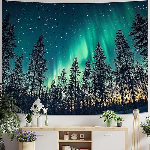Wandteppich mit Nordlichtern, Kiefernwald, Nachthimmel, Naturlandschaft – Dekoration für Schlafzimmer, Wohnzimmer, Yogaraum und Meditationsraum Image
