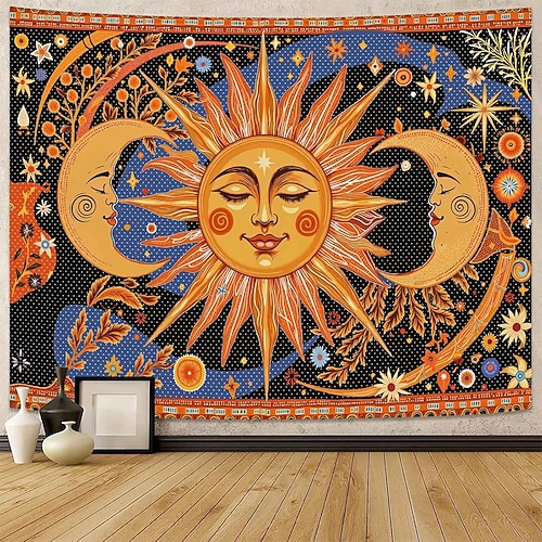 Ästhetischer, mystischer Wandteppich mit Sonne und Mond, psychedelisches Universum, Galaxie, Wanddekoration, Zen-Yoga-Studio, Meditationsraum, Stoffbehang für das Wohnzimmer Image