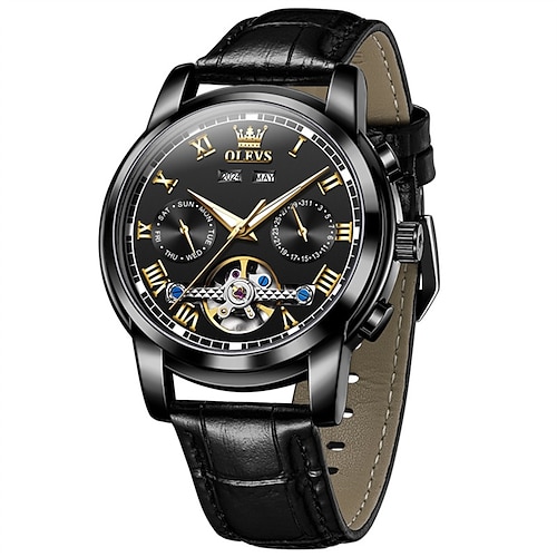Neue Olevs Herren-Businessuhr mit Nachtlicht, Mondphasenanzeige, Kalender, kleinen Hilfszifferblättern, transparentem Fenster, Monatsanzeige, vollautomatischem mechanischem Uhrwerk mit skelettiertem Image