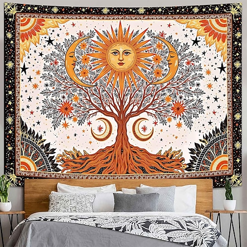 Ästhetischer Vintage-Wandteppich mit Lebensbaum-Motiv, botanischem Blumenhintergrund, Boho-Stil, großes Wandbild für Studentenwohnheime und Apartments Image