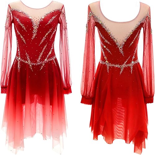 Eiskunstlaufkleid Damen Eislaufen Kleid Violett Schwarz Rosa Patchwork Asymmetrischer Saum Hohe Elastizität Training Wettbewerb Eiskunstlaufkleidung Klassisch Kristall / Strass Langarm Eislaufen Image