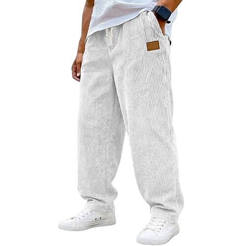 Herren Hose Cordhose Baggy-Hosen Freizeithose Kordelzug Gerader Schnitt Einfarbig Komfort Volle Länge Lässig Täglich Outdoor Urlaub Mode Schwarz Weiß Mikroelastisch Image