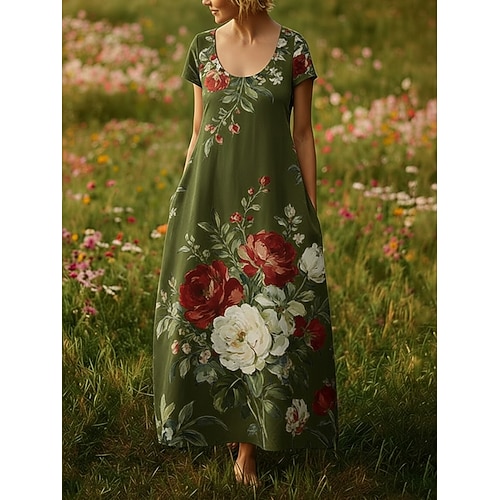 Damen Maxikleid Boho-Kleid Freizeitkleid Vintage Täglich Outdoor Strand Lässiger Schnitt Blumen Kurzarm U-Ausschnitt Rosa Armeegrün Marineblau Sommer Frühling Image