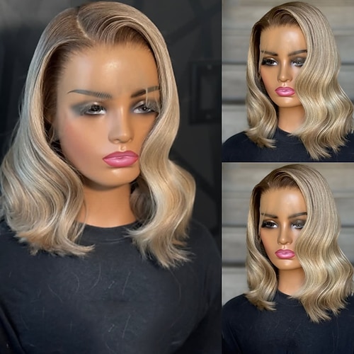Echthaar 5x5 Verschluss 13x4 Spitzenfront Perücke Bob Brasilianisches Haar Gewellt Blond Perücke 150% 180% Haardichte mit Babyhaaren Ombre-Haar Hervorgehobenes / Balayage-Haar Natürlicher Haaransatz Image