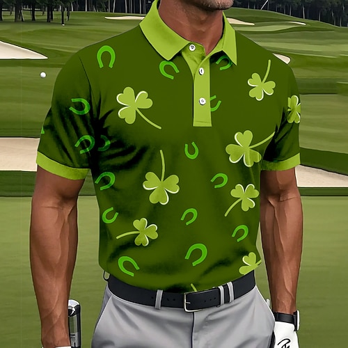 St. Patrick's Day Herren Shamrock Golf Polo Shirts Sport Polo Shirts Kurzarm Polo-Shirts Kragen-Shirts Freizeit Athleisure Alltagskleidung Festival Outfit Knöpfe Frühling Sommer Schwarz Weiß Hell Image