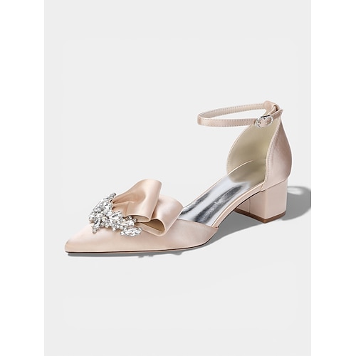 Rosafarbene Satin-Pumps mit Blockabsatz und Schleife für Damen Elegante Brautmutterschuhe mit Kristallverzierungen für kirchliche Trauungen Image