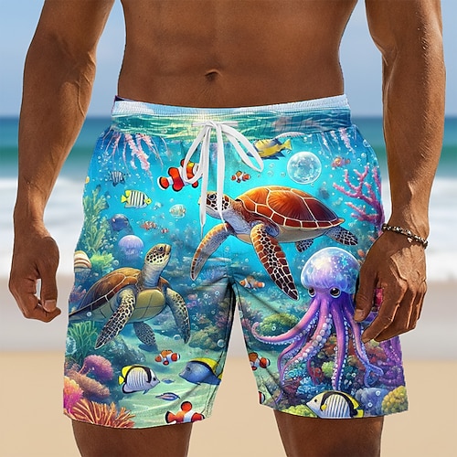 Herren Delfin Schildkröten Meeresbewohner Badehosen Badeshorts Boardshorts Mittlere Taille Hawaiianisch Hawaiianisch Strandurlaub Seitentaschen Netzfutter Elastischer Kordelzug in der Taille Designer Image