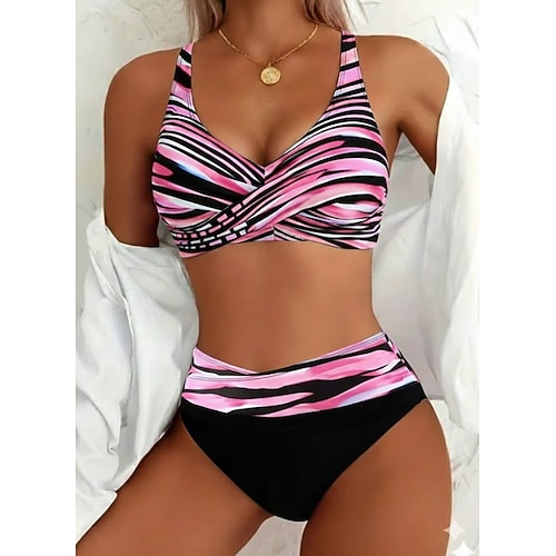 Damen Bikini 2-teiliges Badeanzug Hohe Taille Urlaub Fashion Grafik Gestreift V-Ausschnitt Ärmellos Badeanzüge Image