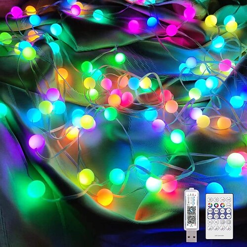 RGB-Mini-Lichterkette mit Kugeln, wasserdicht (IP65), Bluetooth-App-Steuerung, USB-Stromversorgung, 24-Tasten-Fernbedienung mit Timer, für drinnen und draußen: Garten, Terrasse, Hochzeit, Party, Image