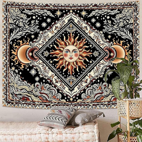 Sonnen-Wandteppich, himmlisch, Boho-Stil, Schmetterlinge, Sterne, Blumen, Yoga-Raum, Meditationsdeko, spirituelle Zen-Kunst, Stoffposter für das Wohnzimmer Image