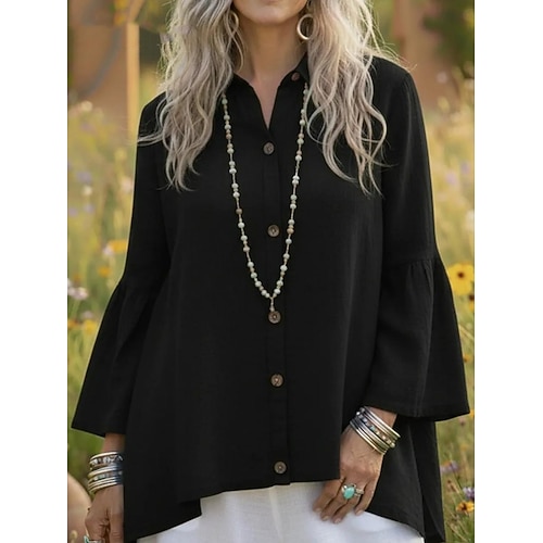 Damen Hemd Baumwoll-Leinen-Hemden Bluse Patchwork Knöpfe Einfarbig Einfach Stilvoll Klassisch Modern Langarm Hemdkragen Normale Oberteile Lange Oberteile Täglich Ferien Ausgehen Blau Schwarz Wei Image