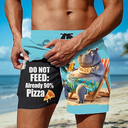 Herren Cartoon Nilpferd Lustiger Slang Gefütterte Shorts 2 in 1 Badeshorts Badeshorts Mittlere Taille Hawaiianisch Ferien Seitentaschen Mit Kompressionsfutter Elastischer Kordelzug in der Taille Image