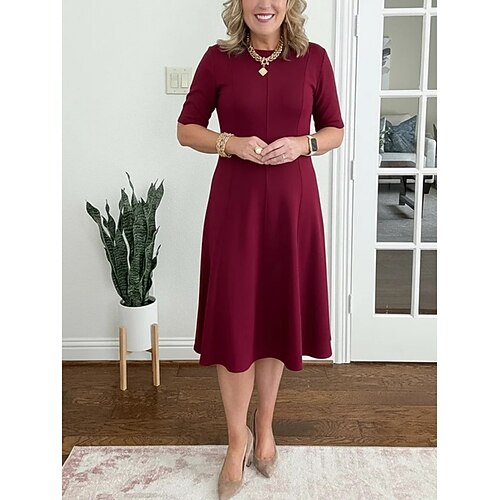 Damen Midikleid A Linie Kleid Lässig Täglich Normale Passform Einfach Dreiviertelarm Rundhalsausschnitt Blau Schwarz Weiß Wein Sommer Frühling Herbst Image
