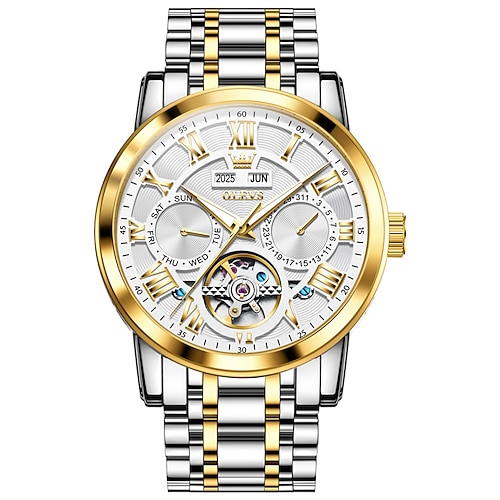 Neue Herren-Businessuhr der Marke Olevs mit Leuchtzeigern, ewigem Kalender, Datums- und Wochentagsanzeige. Die vollmechanische Uhr mit hohlem Rotor ist wasserdicht und eignet sich für den Alltag und Image