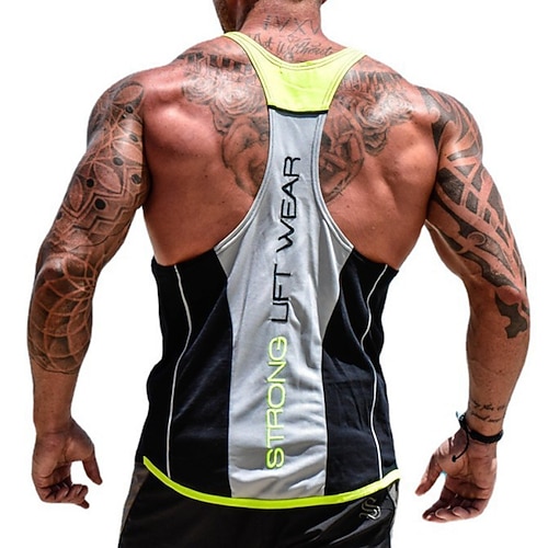 Herren Farbblock Workout-Tanktop Lauf-Tanktop Fitness-Tanktop Sommer Ärmellos Schnelltrocknend Kompression Feuchtigkeitsableitend Fitnesstraining Aktives Training Übung Schwarz Weiß Gelb Image