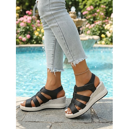 Schwarze bequeme Keilsandalen für Damen – stützende, lässige Plateau-Sandalen zum Shoppen, Reisen und für den Alltag Image