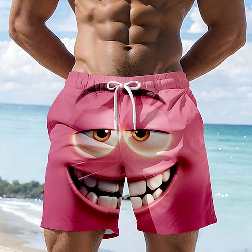 Herren Optische Täuschung 3D Zeichentrick Lächelndes Gesicht Badehosen Badeshorts Boardshorts Mittlere Taille Hawaiianisch Lustig Strandurlaub Seitentaschen Netzfutter Elastischer Kordelzug in der Image