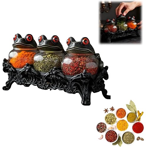 Handgefertigte Gewürzgläser in Froschform, gotische Vorratsdosen, Gewürzglas-Set in Froschform für Salz, Pfeffer und Kräuter, 3-teilige Gewürzkästen, Küchendekoration für Gewürze und Teeblätter Image