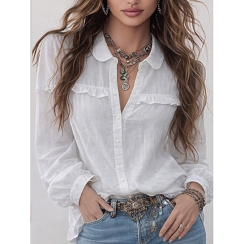 Damen Leinenähnliches Faux-Baumwoll-Leinen Bluse Rüsche Knöpfe Unifarbe Stilvoll Lässig Langarm Hemd Kragen Reguläre Oberteile Täglich Weiß Sommer Frühling Herbst Image