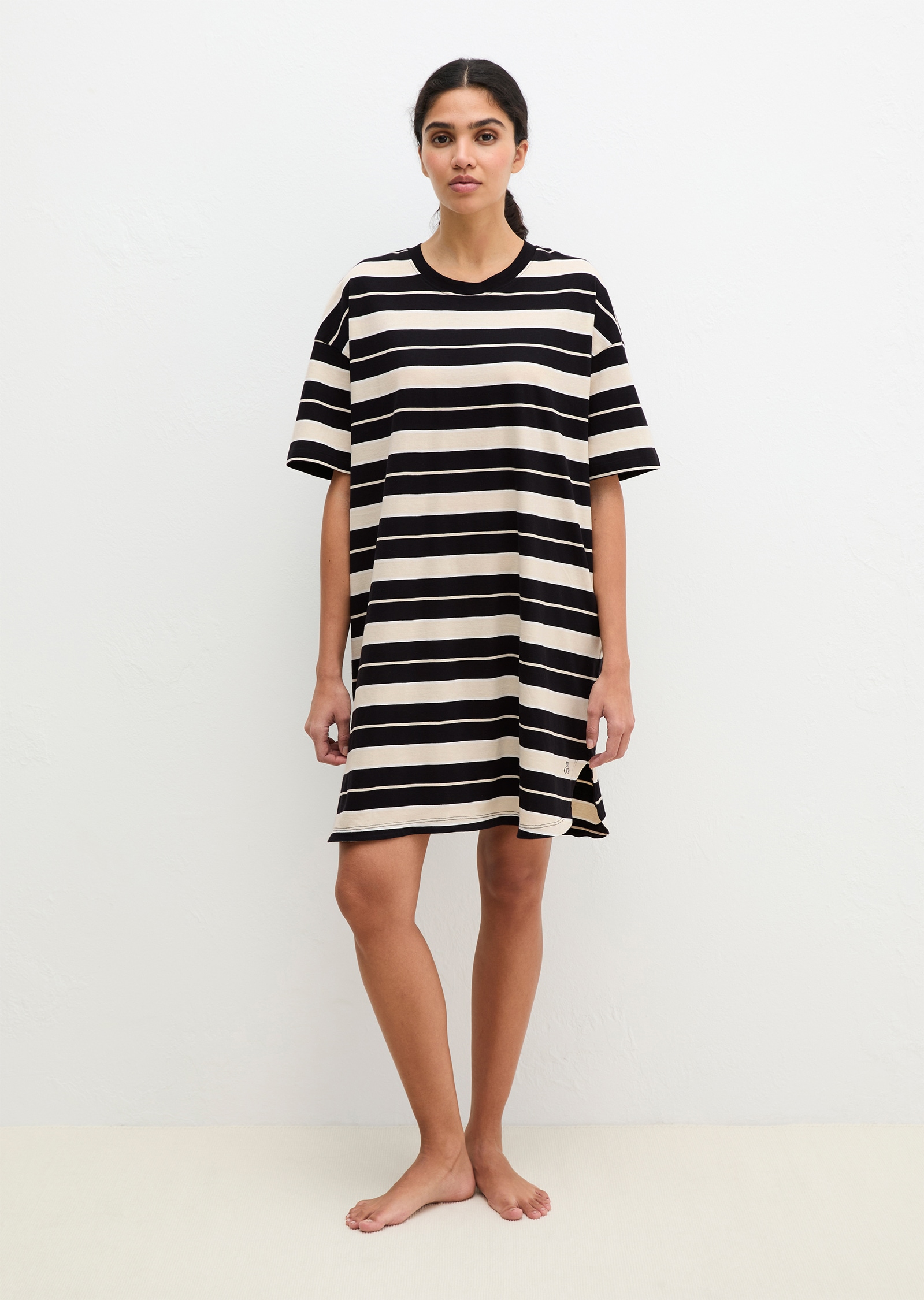 Nachthemd MARC O'POLO "Mix N Match Cotton", Damen, Gr. XL (46), N-Gr, french oak stripe, Single Jersey, Obermaterial: 100% Baumwolle, Kleider Nachthemd, mit kurzen Ärmeln und Rundhalsausschnitt, seitliche Schlitze