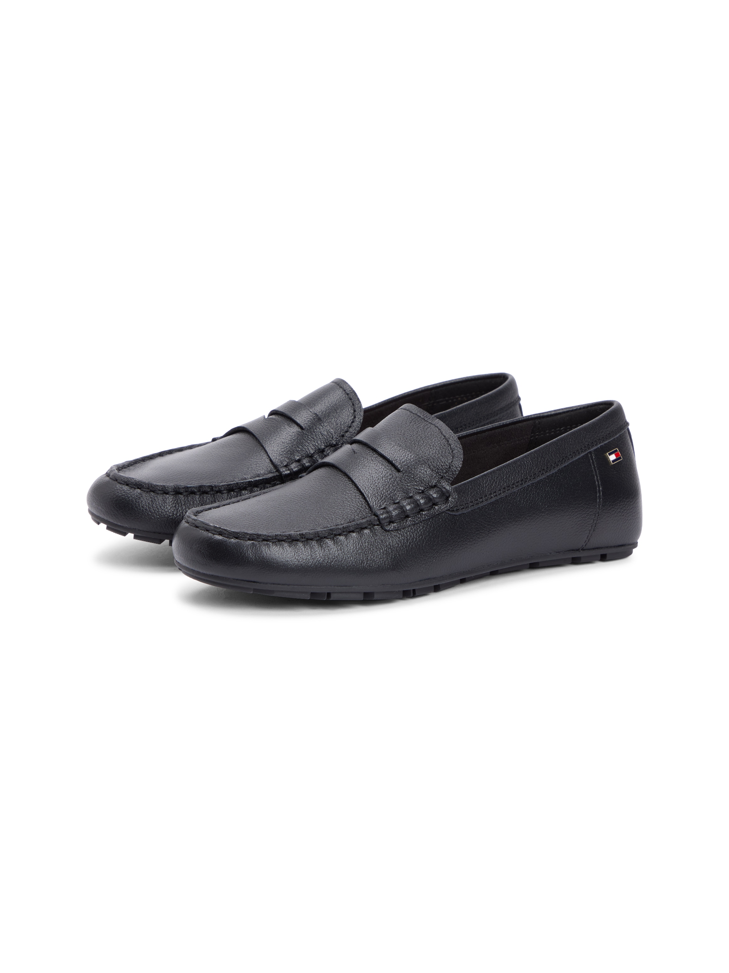 Slipper TOMMY HILFIGER "FLAG LEATHER DRIVER LOAFER", Damen, Gr. 39, schwarz, Leder, unifarben, Schuhe Slipper, Halbschuh, Schlupfschuh mit modischer Ziersteppung