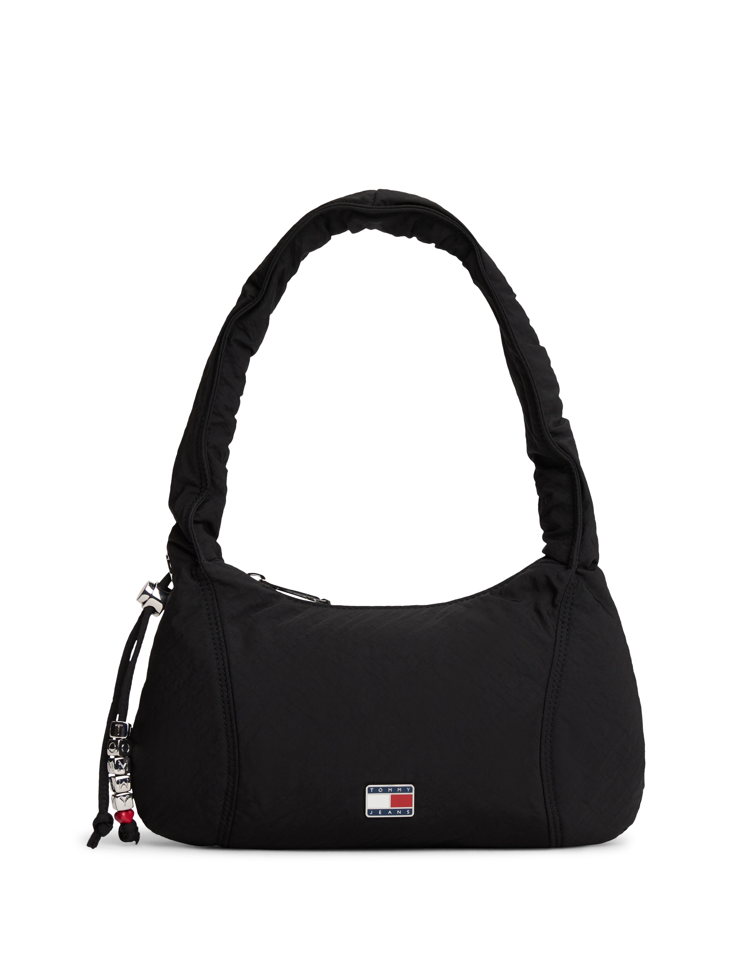 Schultertasche TOMMY JEANS "TJW CASUAL SHOULDER BAG", Damen, Gr. B/H/T: 27cm x 16cm x 8cm, schwarz, Textil, Taschen Schultertasche, Damen Tragetasche, Minibag, mit Zierperlen und Schmuckelementen
