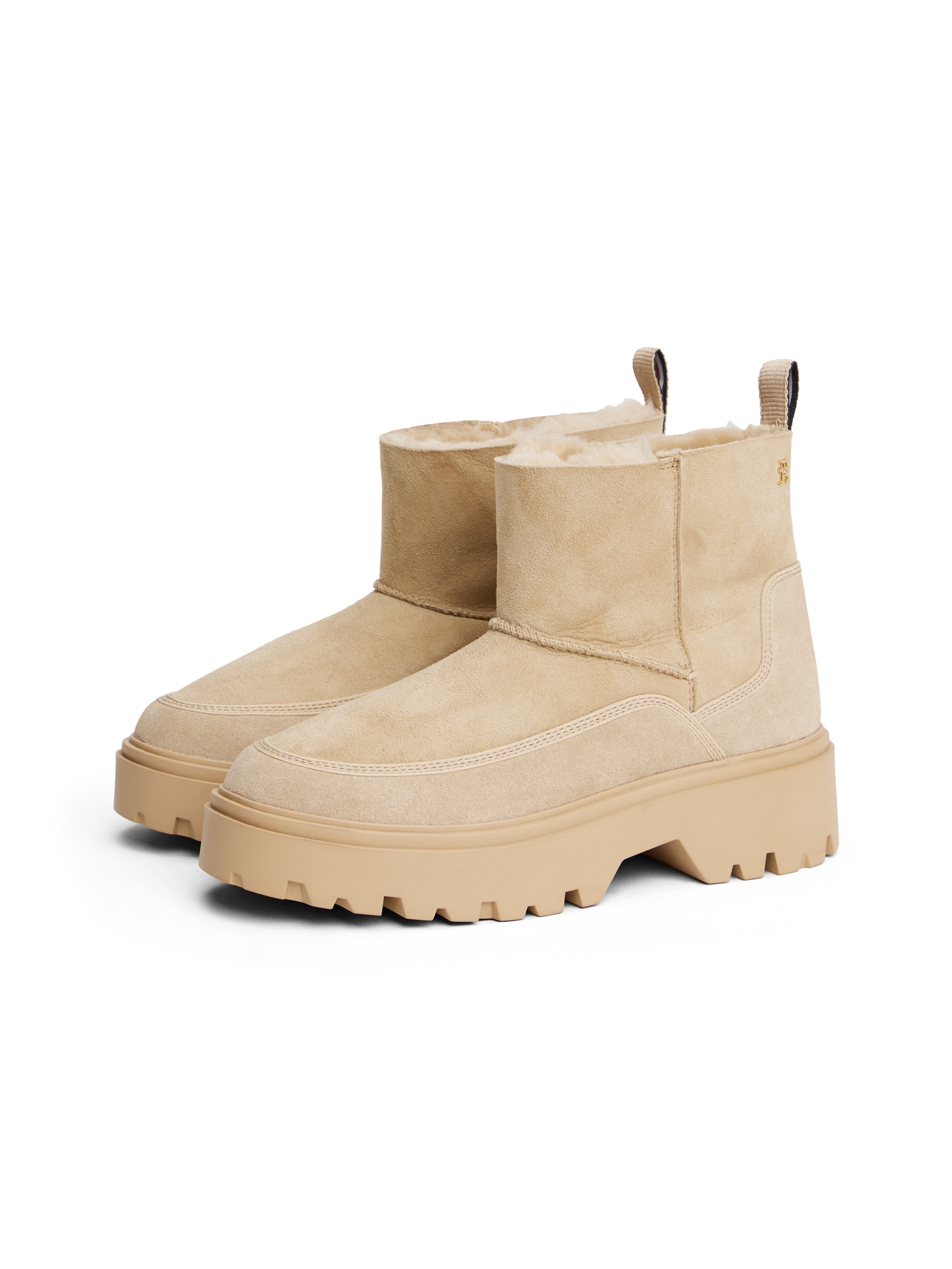Winterboots TOMMY HILFIGER "REAL SHEARLING PULLON SNOWBOOT", Damen, Gr. 39, hellbraun, Veloursleder, unifarben, Schuhe Winterboots, Plateau, Schlupfboots mit abgesteppter Ziernaht