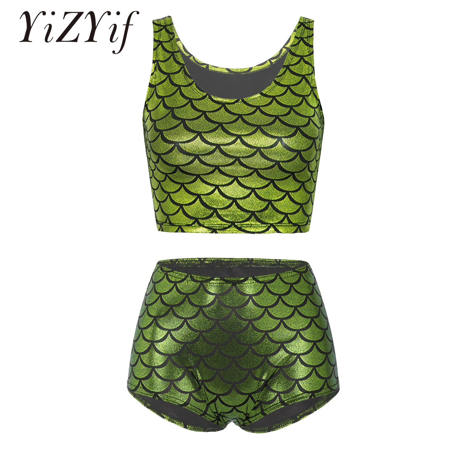 Damen-Bademode im Meerjungfrau-Stil, metallisch glänzend, mit Fischschuppen, abgeschnittenes Tank-Top mit Booty-Shorts, sexy Pole-Dance-Party, Clubwear Image