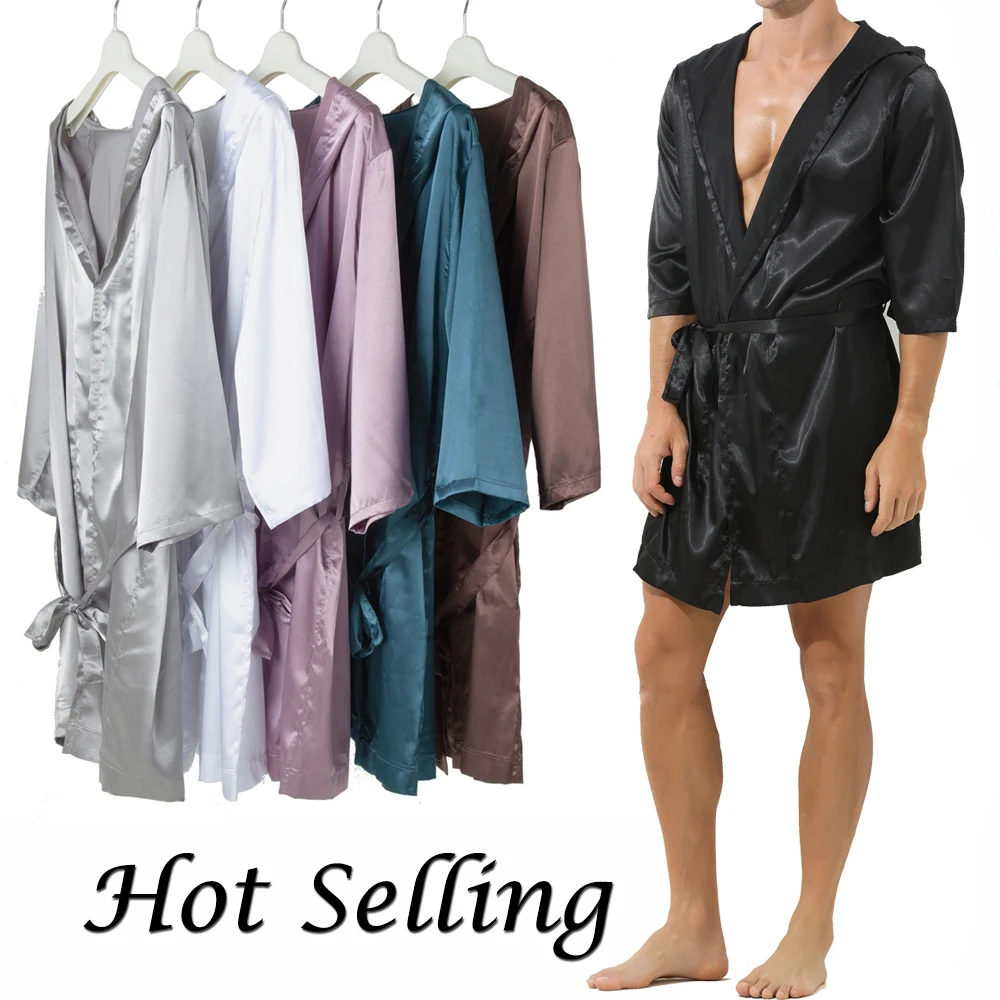 Herren Mit Kapuze Bad Robe Kurzarm Haus Robe Satin Seide Lounge Bademäntel mit Gürtel männer Pyjamas Homme Kimono Roben nachtwäsche Image