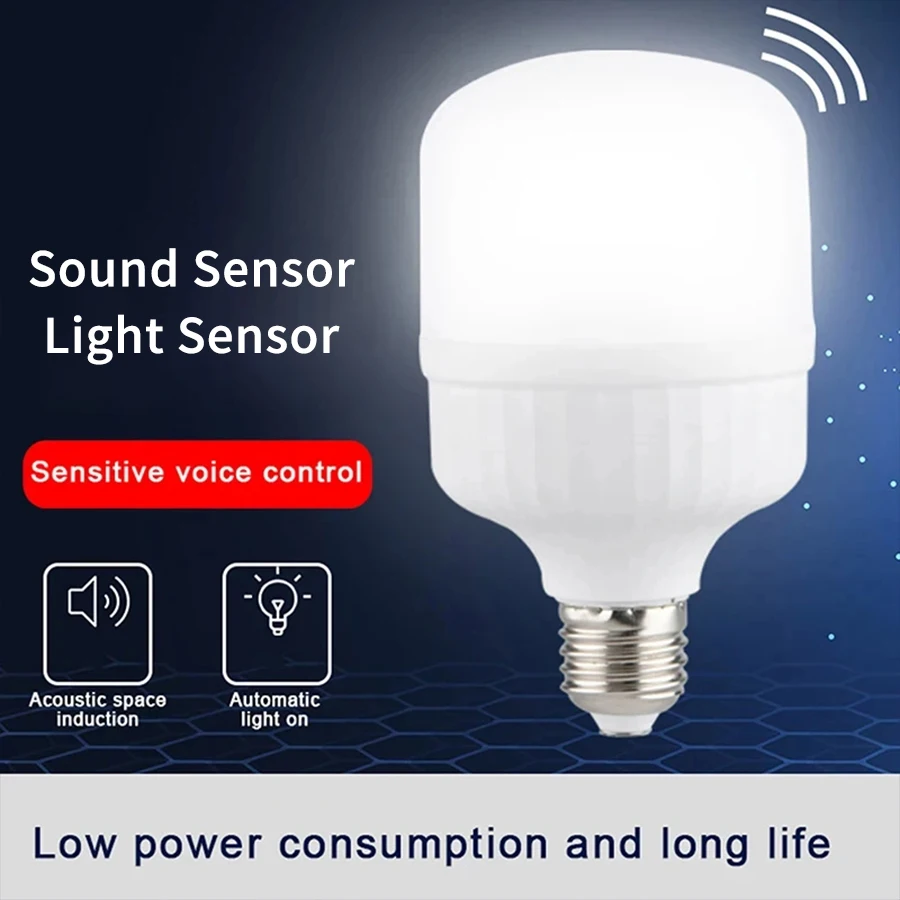 Schallsensor E27 LED-Glühbirne, 220 V, automatisches Ein-/Ausschalten, kein Flimmern, hohe Helligkeit, weißes Licht, Sprachsteuerung, Glühbirne für Treppen, Wege Image