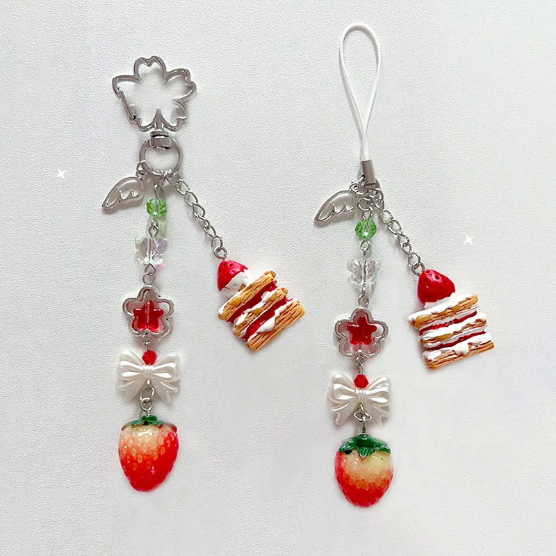 Erdbeer-Shortcake-Schlüsselanhänger, handgefertigt, Y2k-Handyanhänger, 1 Stück Image
