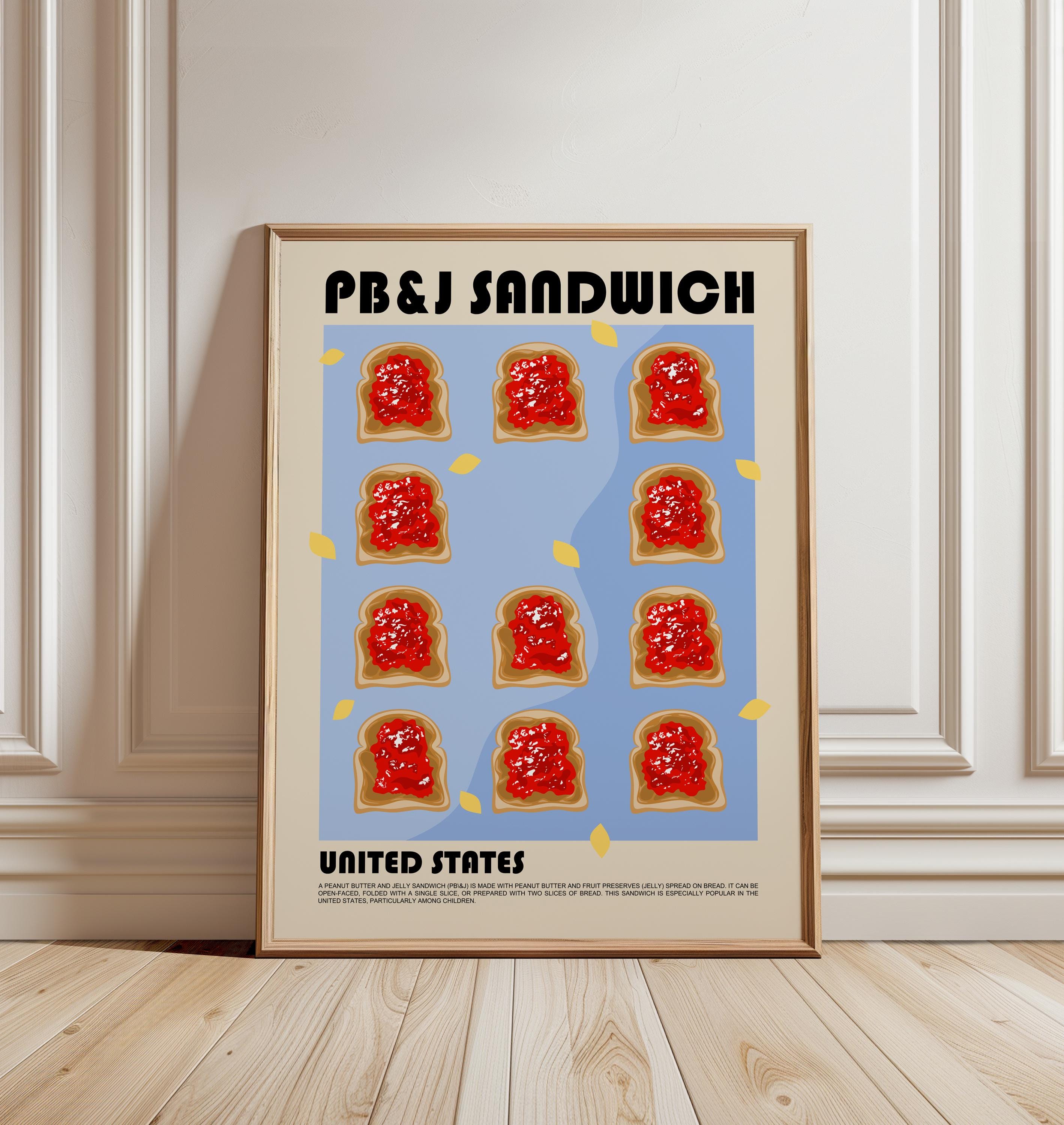 Stampa artistica con burro d'arachidi e gelatina, poster con panino al burro d'arachidi e marmellata, stampa di cibo, arte del pane, arte del cibo, de
