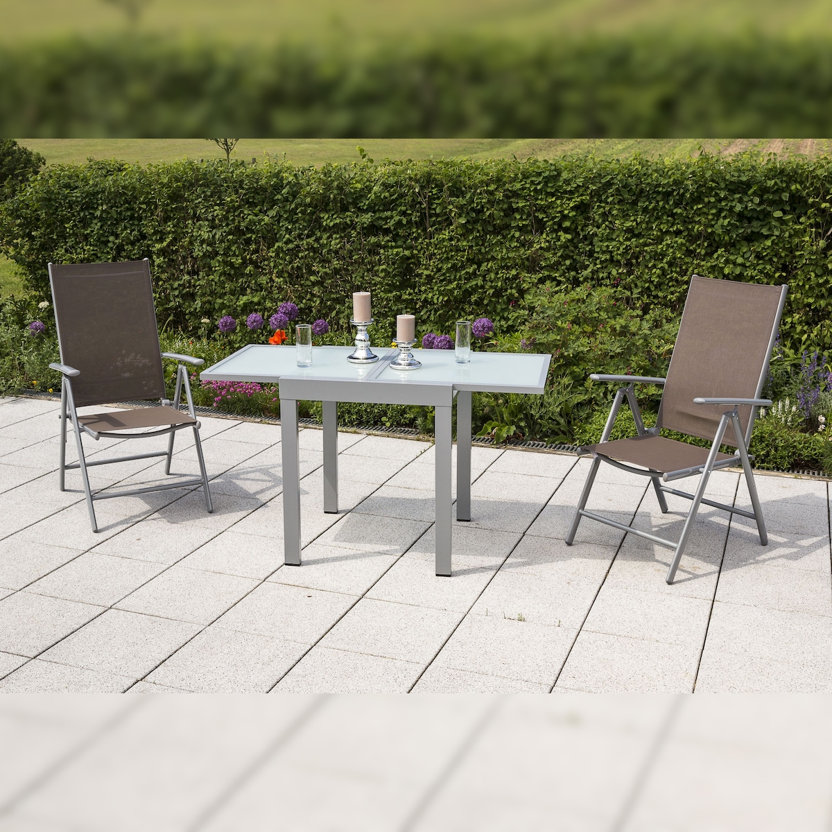 Merxx Amalfi Set 3tlg., 2 Klappsessel, 1 Tisch 65(130) x 65 cm, Aluminium, Silber/Taube Image