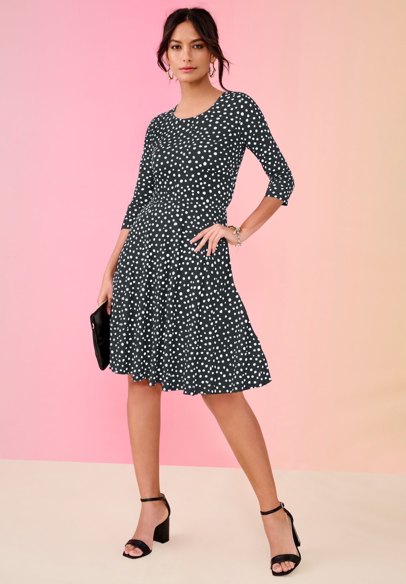 Plus Size Women's Ultrasmooth® Fabric Fit-And-Flare Dress by Roaman's in Black White Dots (Size 32 W)