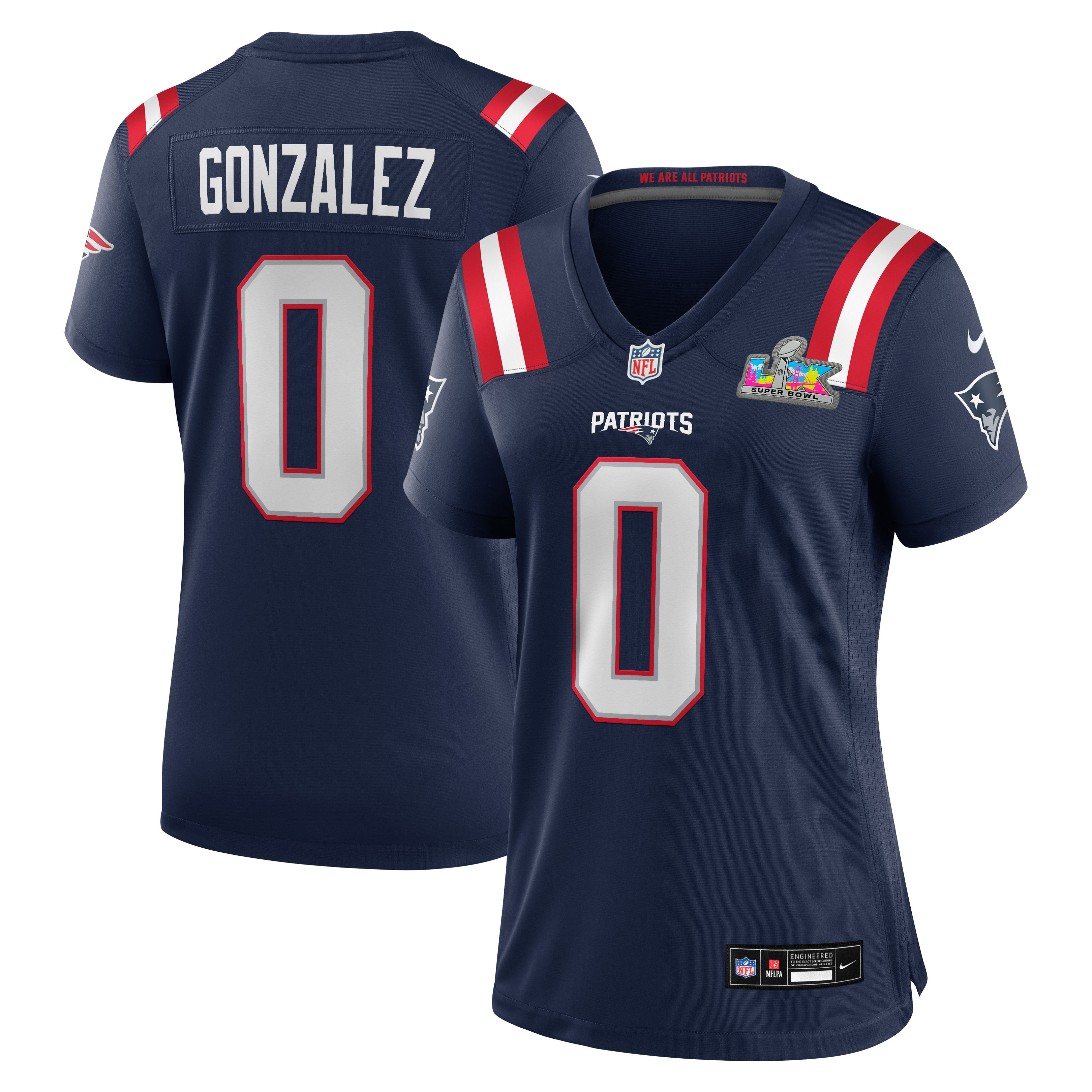 New England Patriots Nike Game Heimtrikot Super Bowl LX Aufnäher - Marineblau - Christian Gonzalez - Damen Image
