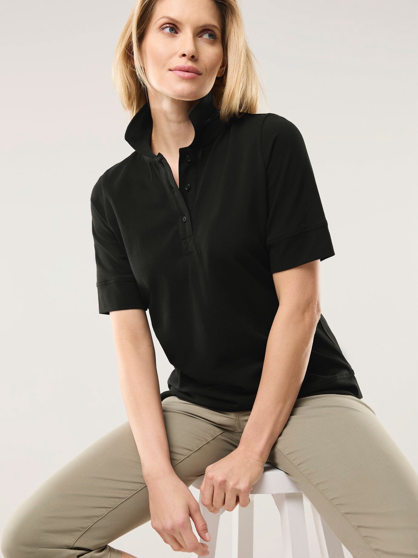 Walbusch Damen Pimacotton Basic Polo Halbarm Schwarz