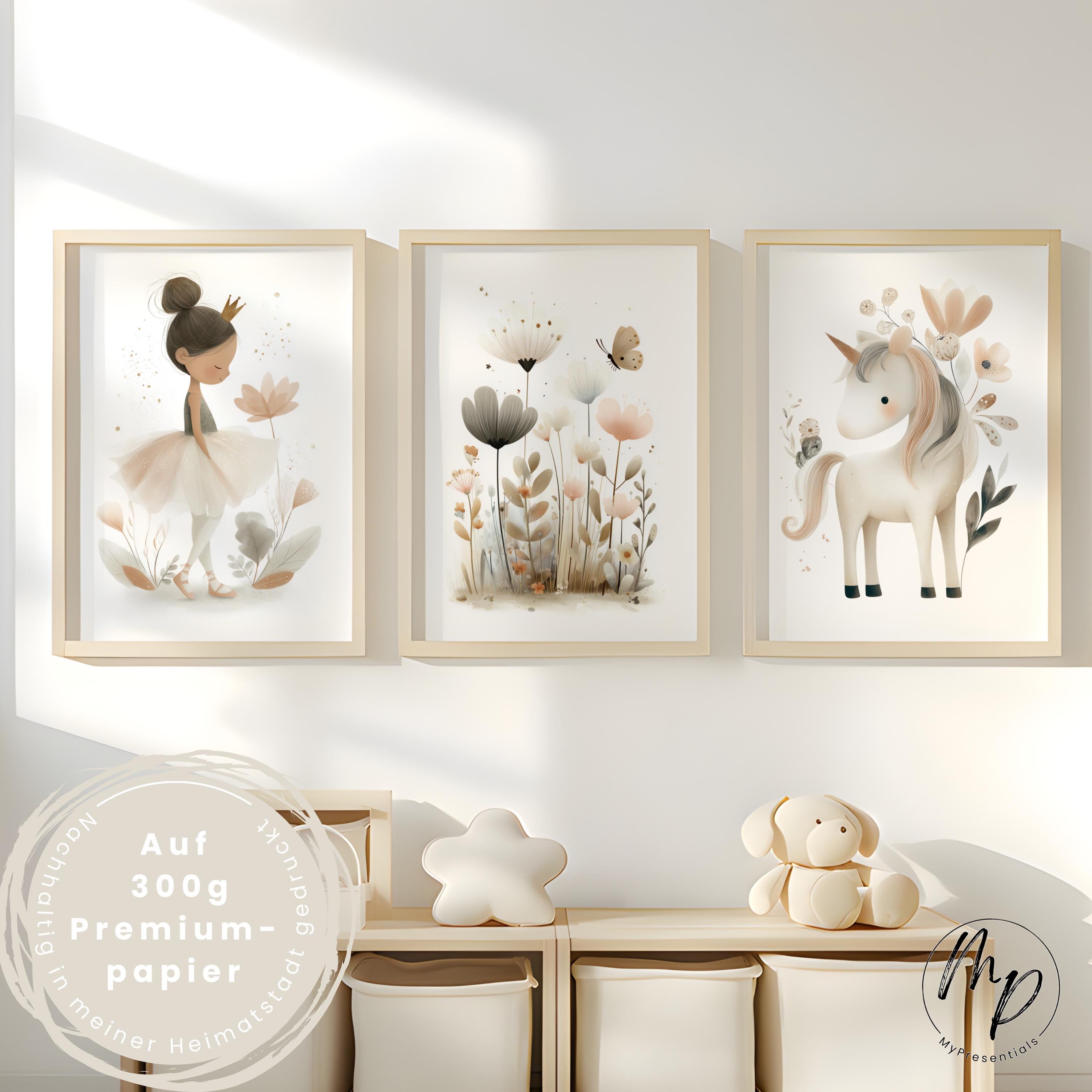 Set di 3 immagini di principesse e unicorni per la cameretta dei bambini A4 A3 - Poster per bambine - Decorazione murale della foresta delle fiabe per