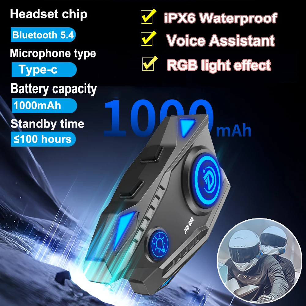 Motorradhelm-Bluetooth-Headset, 1000 mAh, langer Standby-Zeit, kabellos, Freisprecheinrichtung, wasserdicht, Motorrad-Kopfhörer mit RGB-Licht Image