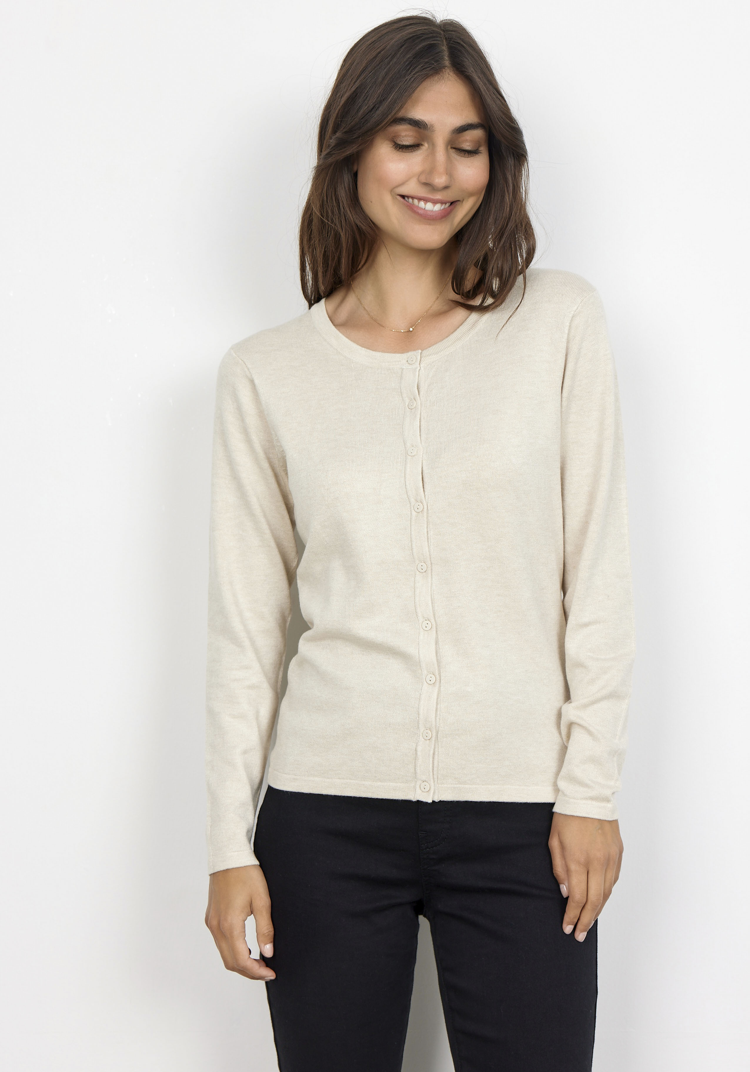 Strickjacke SOYACONCEPT "SC-DOLLIE 446", Damen, Gr. XS, beige (cream melange), Feinstrick, Obermaterial: 75% Viskose, 25% Polyamid, gepflegt, figurbetont hüftlang, Rundhals, Rippbündchen, Strickjacken Strickjacke, ein Klassiker